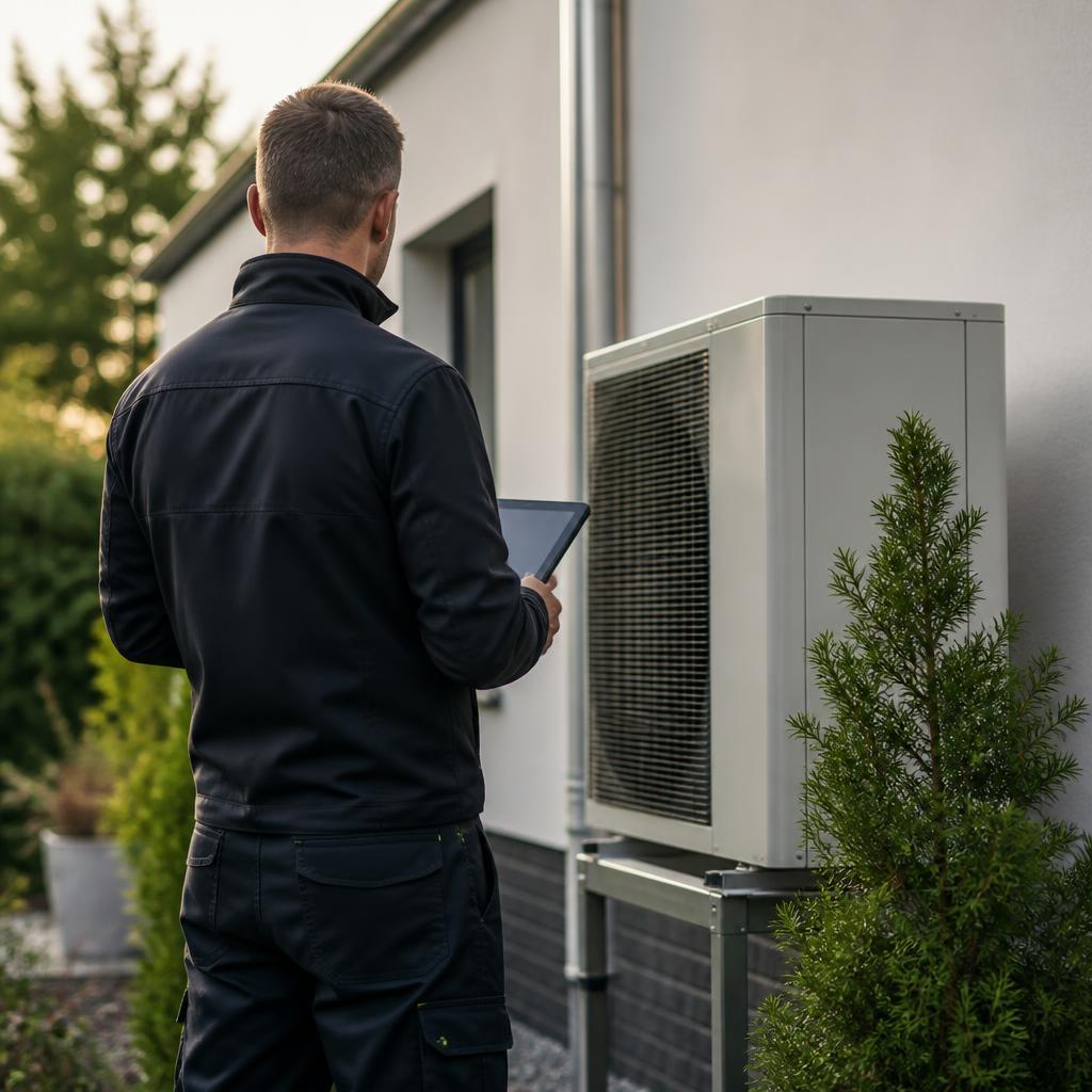 Técnico HVAC con tablet frente a unidad exterior de aerotermia