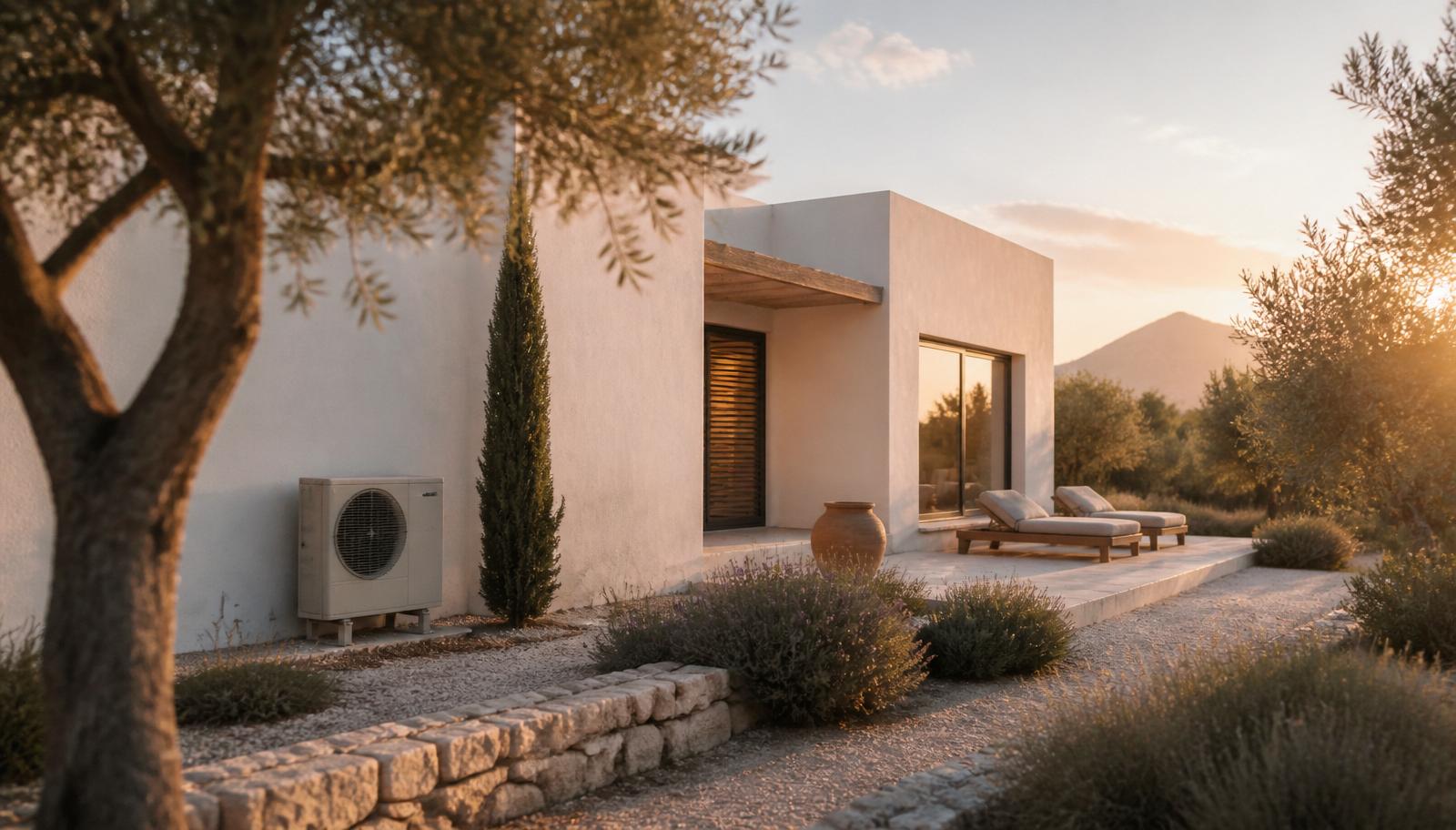 Vivienda unifamiliar moderna con unidad de aerotermia al atardecer